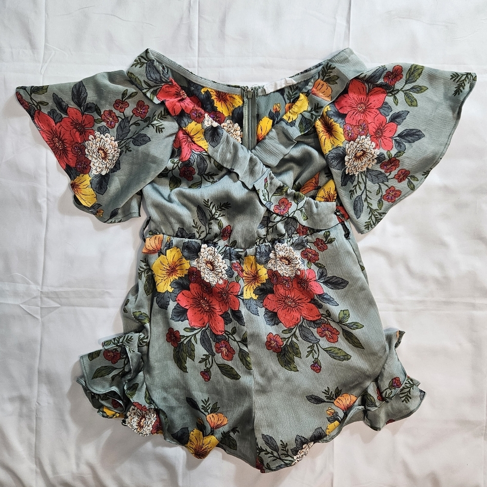 Native Daughters Womens S Green Floral Romper Ruffle No Belt Faux Wrap Boho